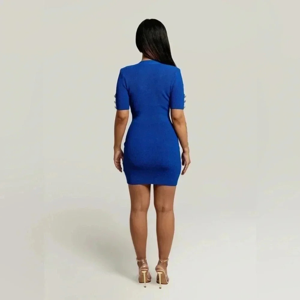 Vanity Couture Marishka Deep V Button Up Knit Dress Royal Blue Gold Buttons - Picture 4 of 14